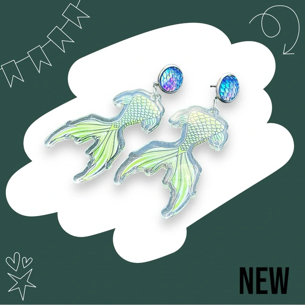 New Relief Double-sided Sparkling Multi-color Mermaid Fishtail Acrylic Earrings - Picture 8 of 8